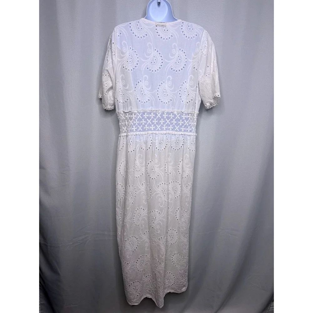 Luisa Perla Italy White Cotton Eyelet Lace Maxi Duster Coverup Tie Front One Sz